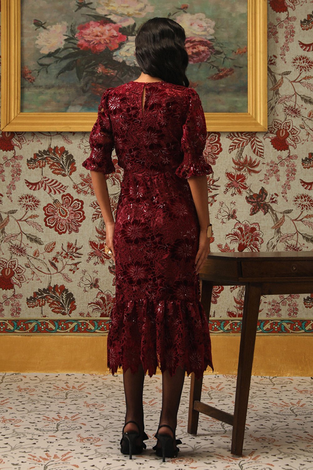 Glimmering Cutwork Applique Midi Dress