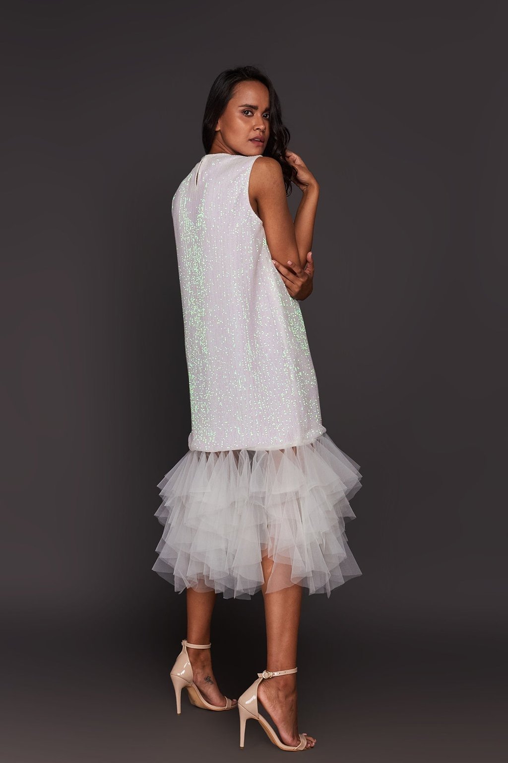 Sequin Shift Dress with Net Ruffled Bottom