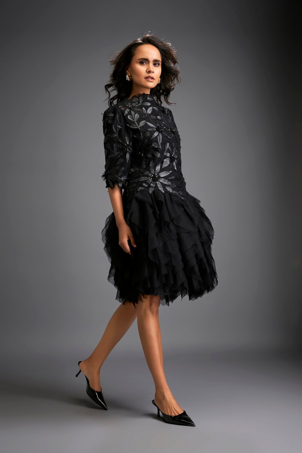 High-Neck Floral Applique Dress