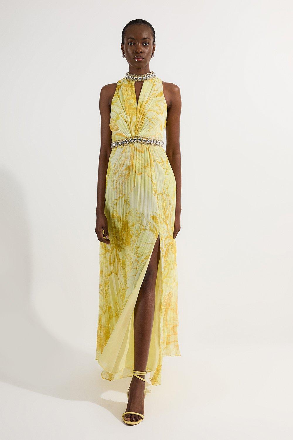 Abstract Floral Crystal Embellished Woven Split Maxi Dress