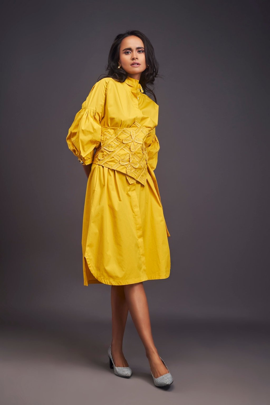 Shirt Dress with Applique Corset Style Tie up Belt