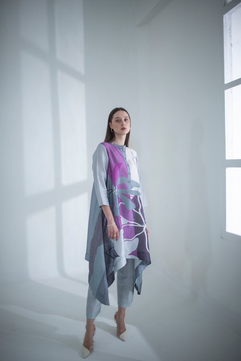 Grey & Purple Long Kaftan Tail Set