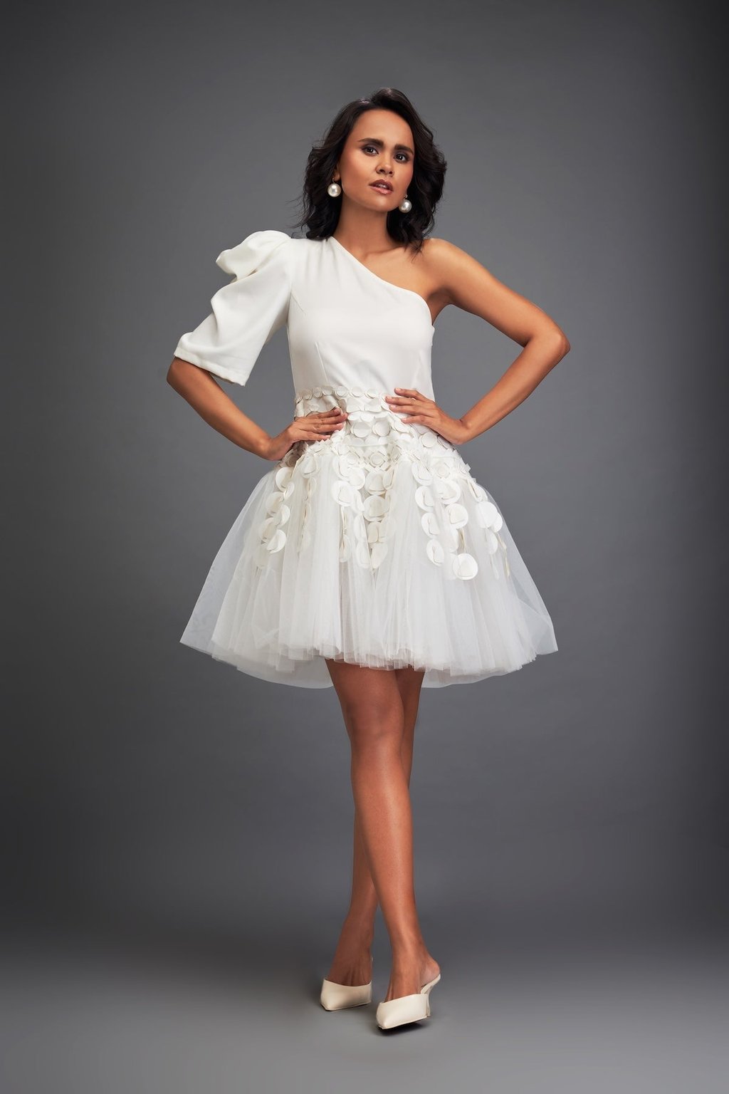 One-Shoulder Tulle Dress with 3d Embellishments