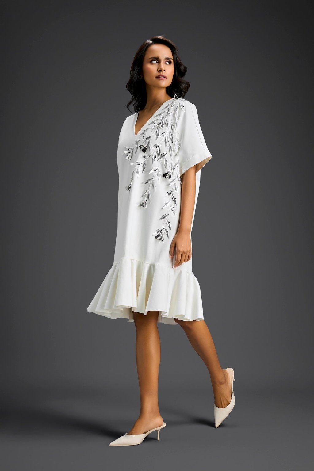 White Short Sleeves Cut-Out Embroidered Dress