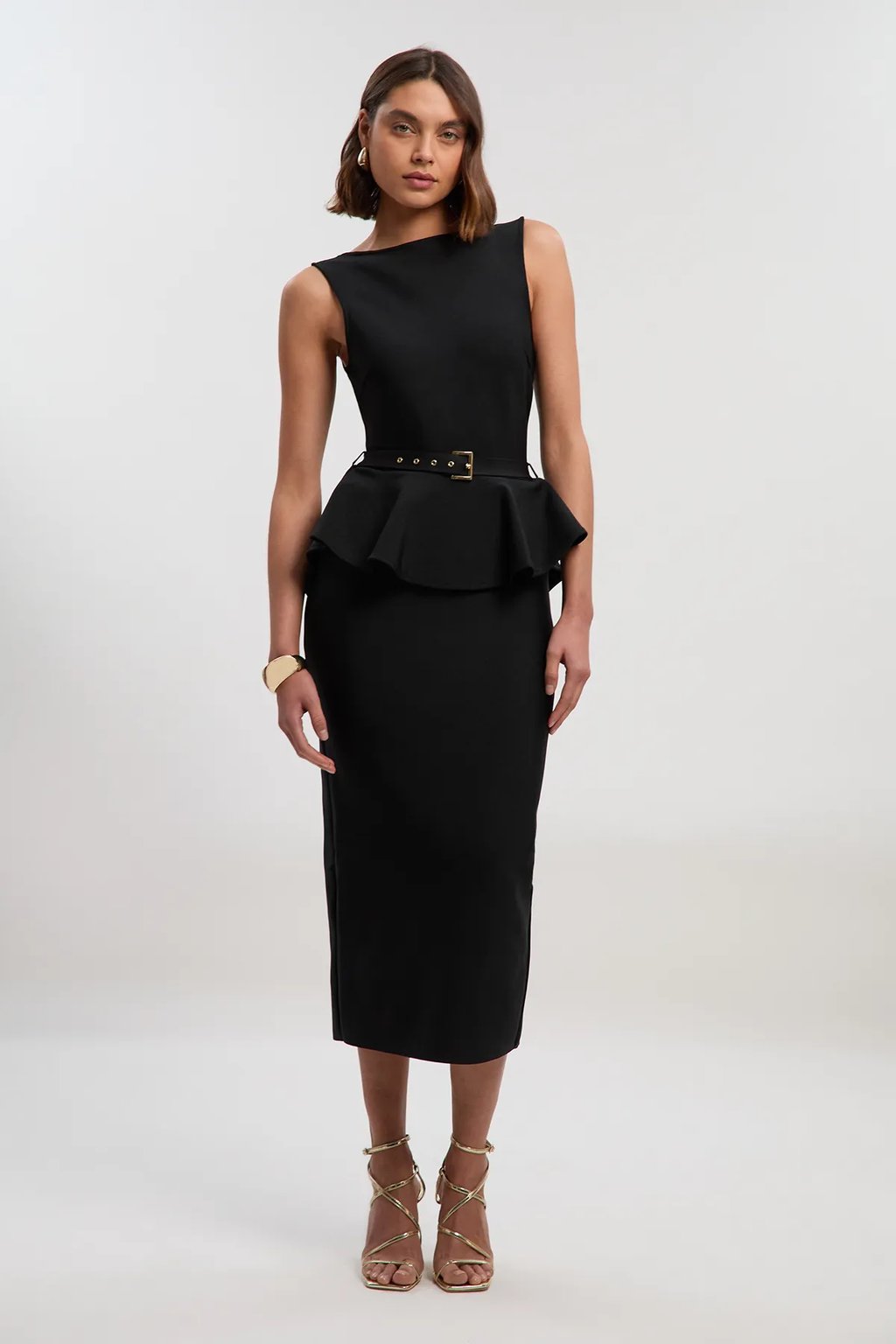 Figure Form Bandage Peplum Belted Pencil Knit Midi Dress
