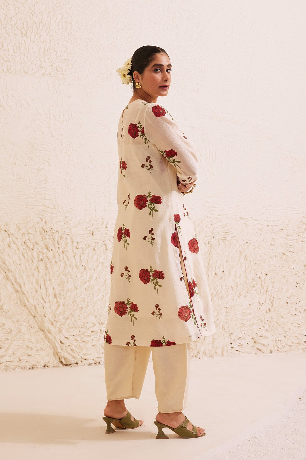 Ivory Chanderi  Hand Block Floral Print Kurta Set