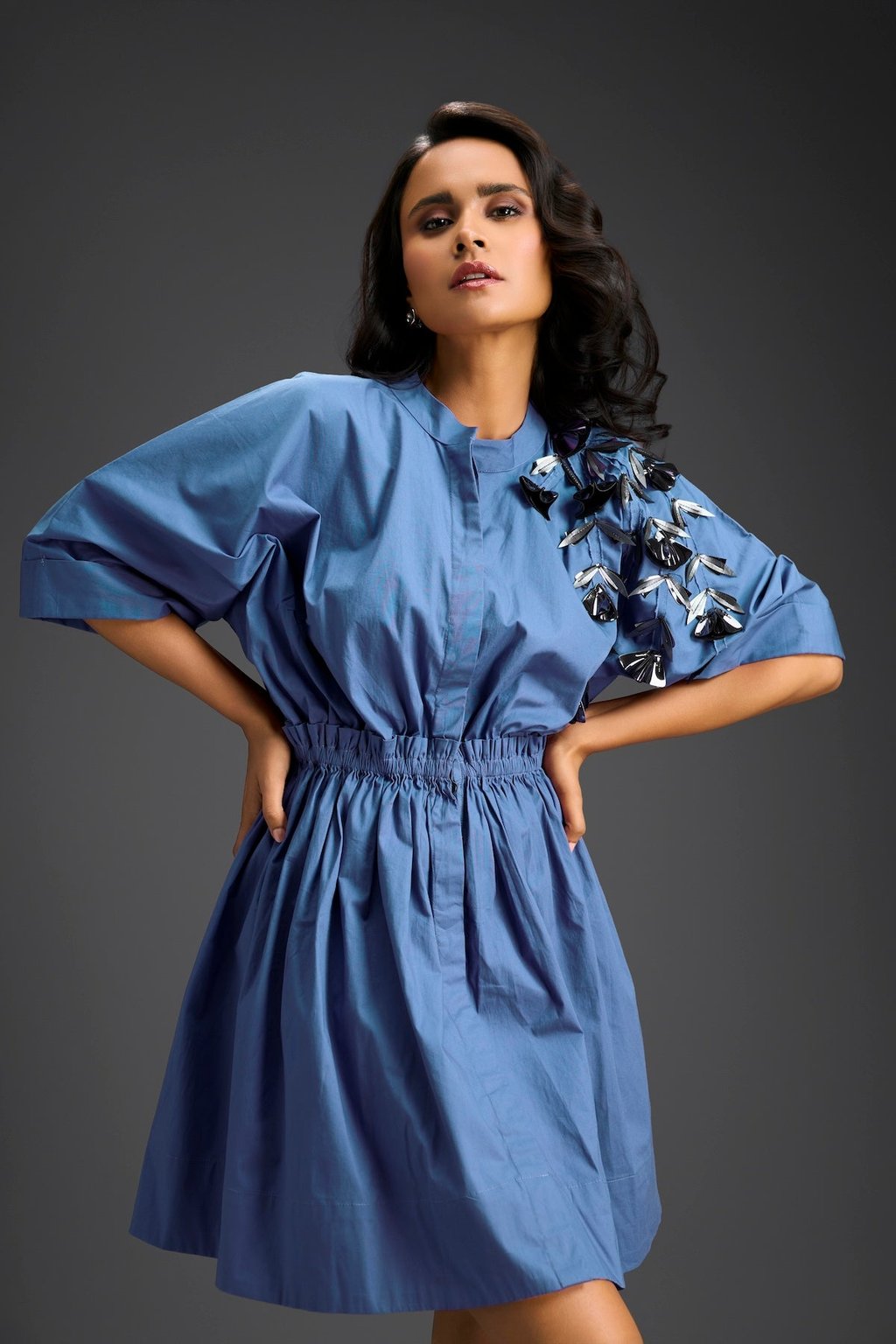 Blue Floral Shoulder Shift Dress