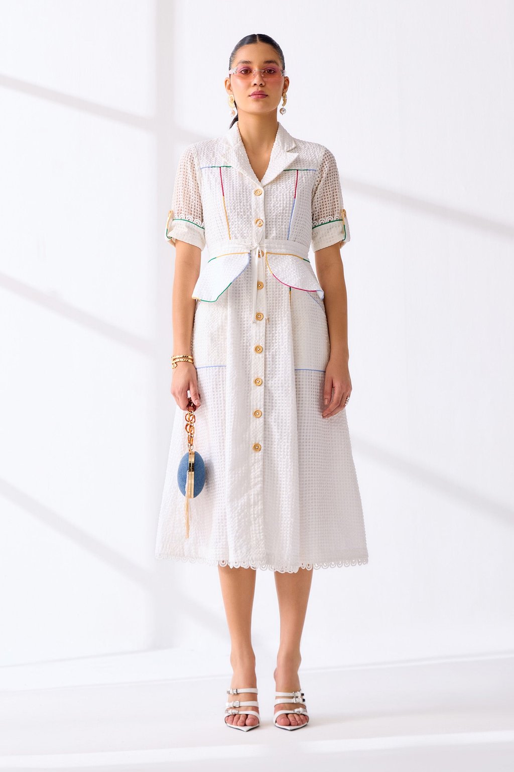 Hathway Dress with Peplum Belt White