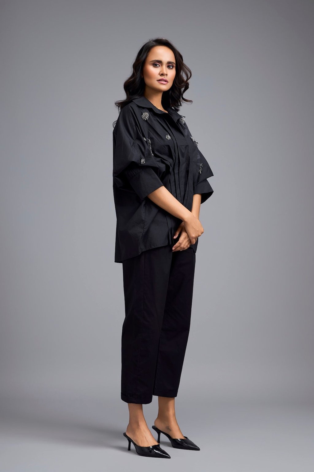 Black Embellished Button-Down Shirt with Pants