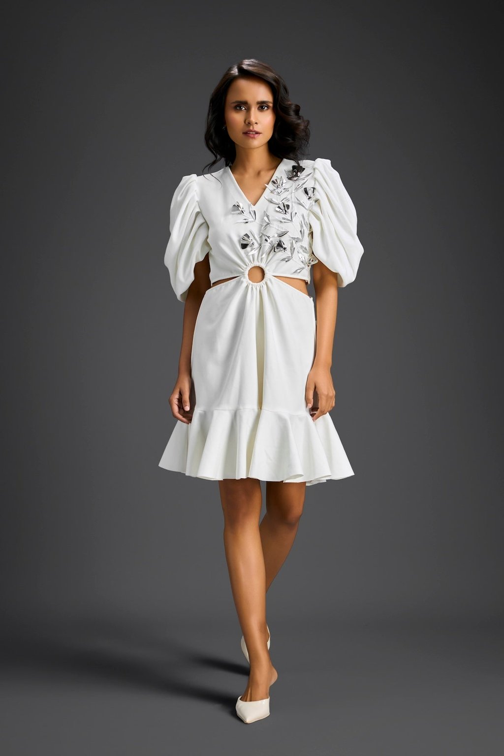 White V-Neck Cut-Out Embroidered Dress