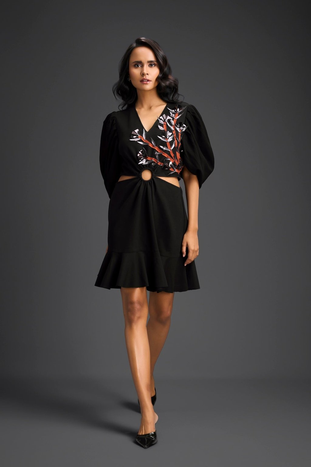Black V-Neck Cut-Out Embroidered Dress