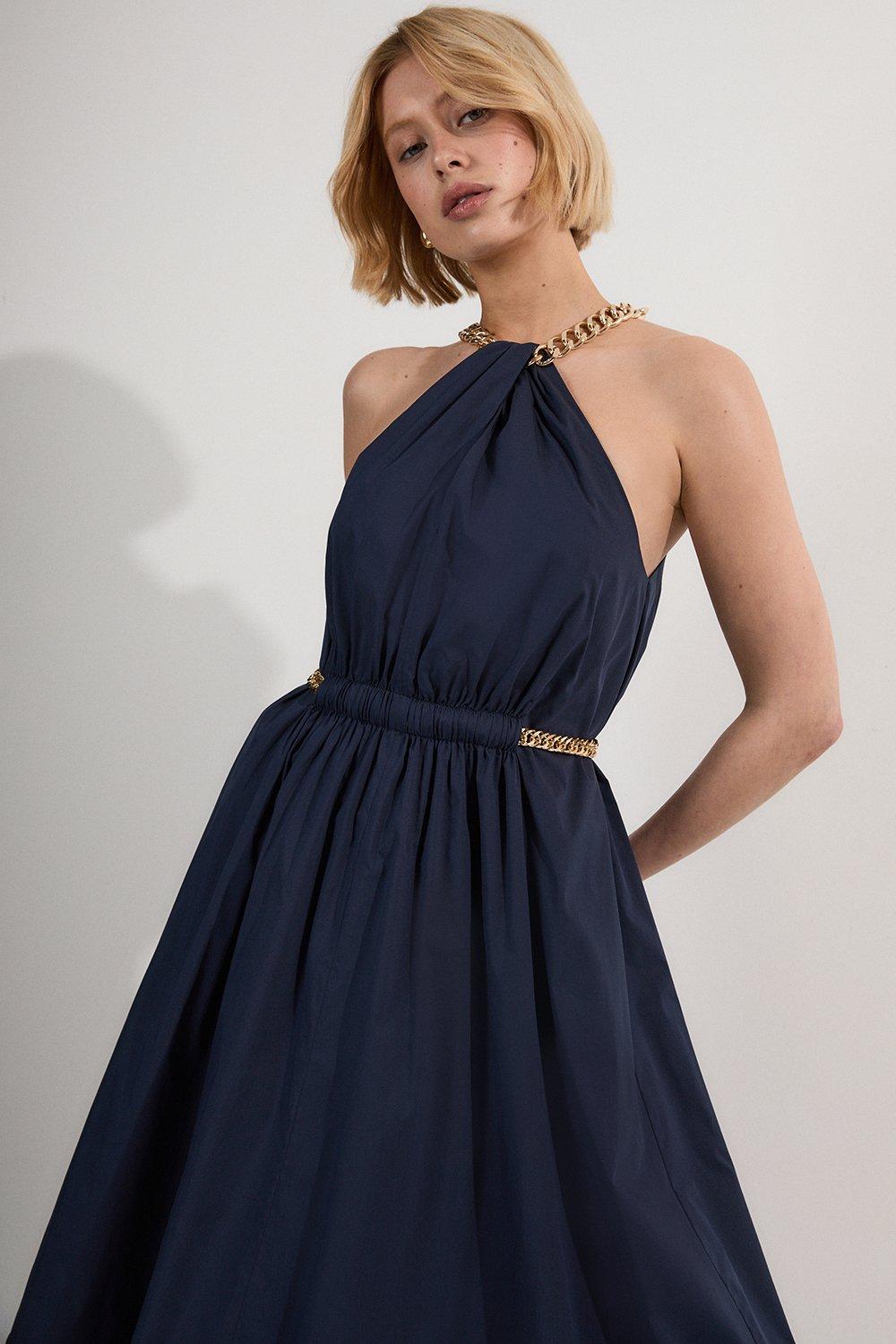 Cotton Poplin Chain Halter Woven Midi Dress