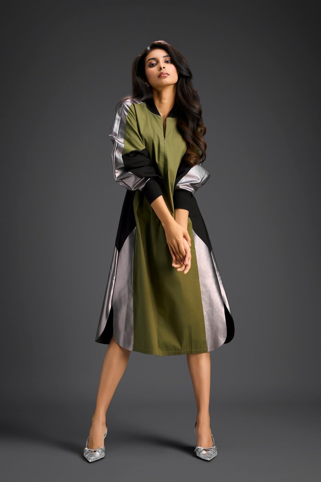 Olive Balloon Sleeve Midi Dress
