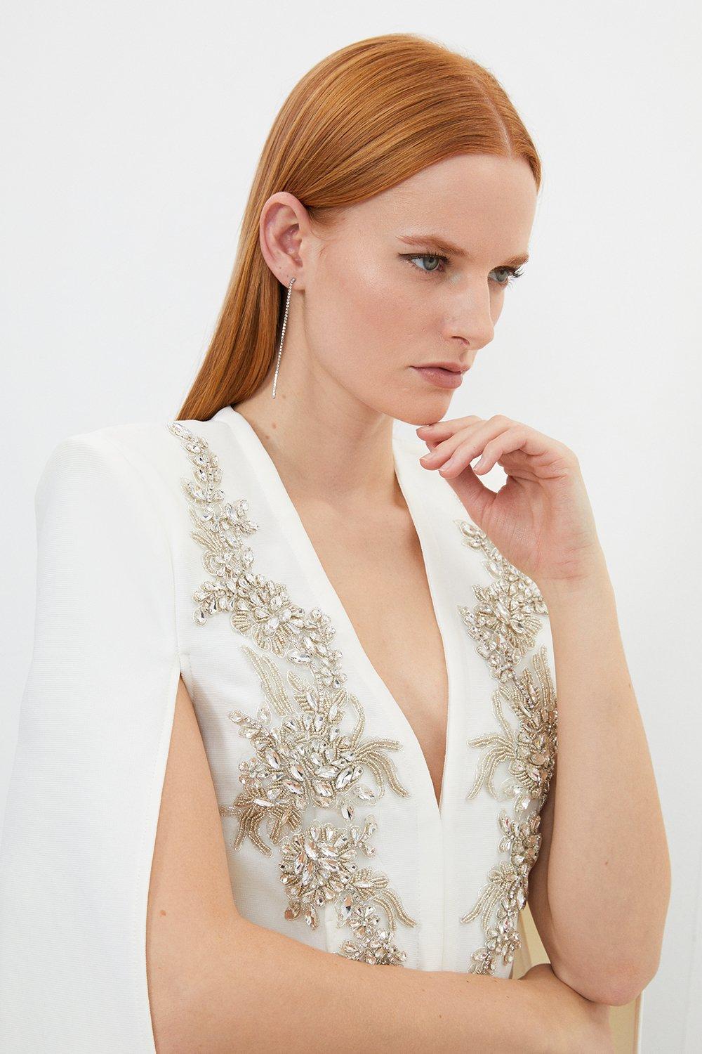 Bandage Form Fitting Cape Sleeve Embellished Jacket