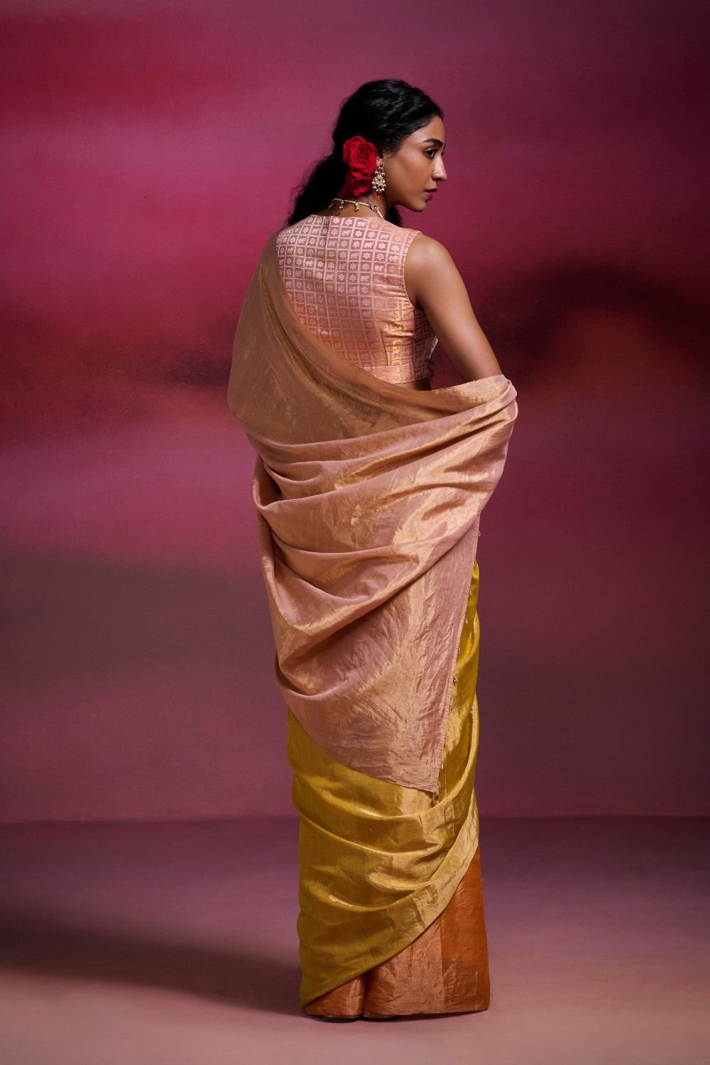 Metallic Peach & Bright Orange-Yellow Tissue Saree