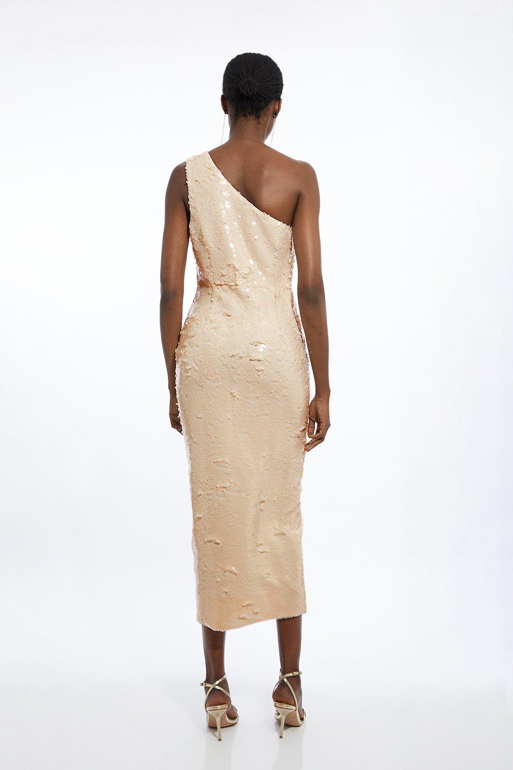 Layered Sequin One Shoulder Woven Split Midi Dress