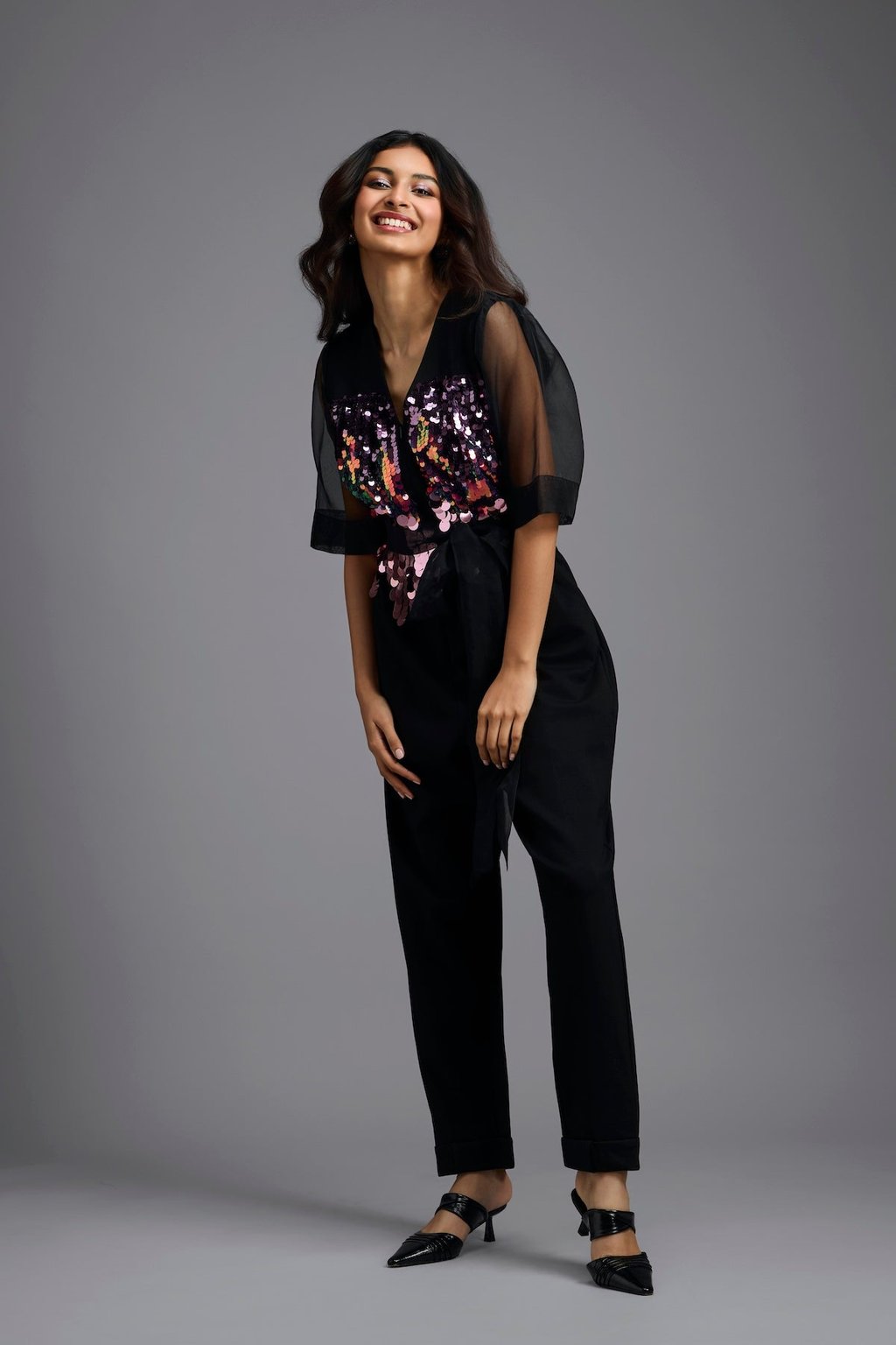 Sequin Jumpsuit with Sheer Sleeves