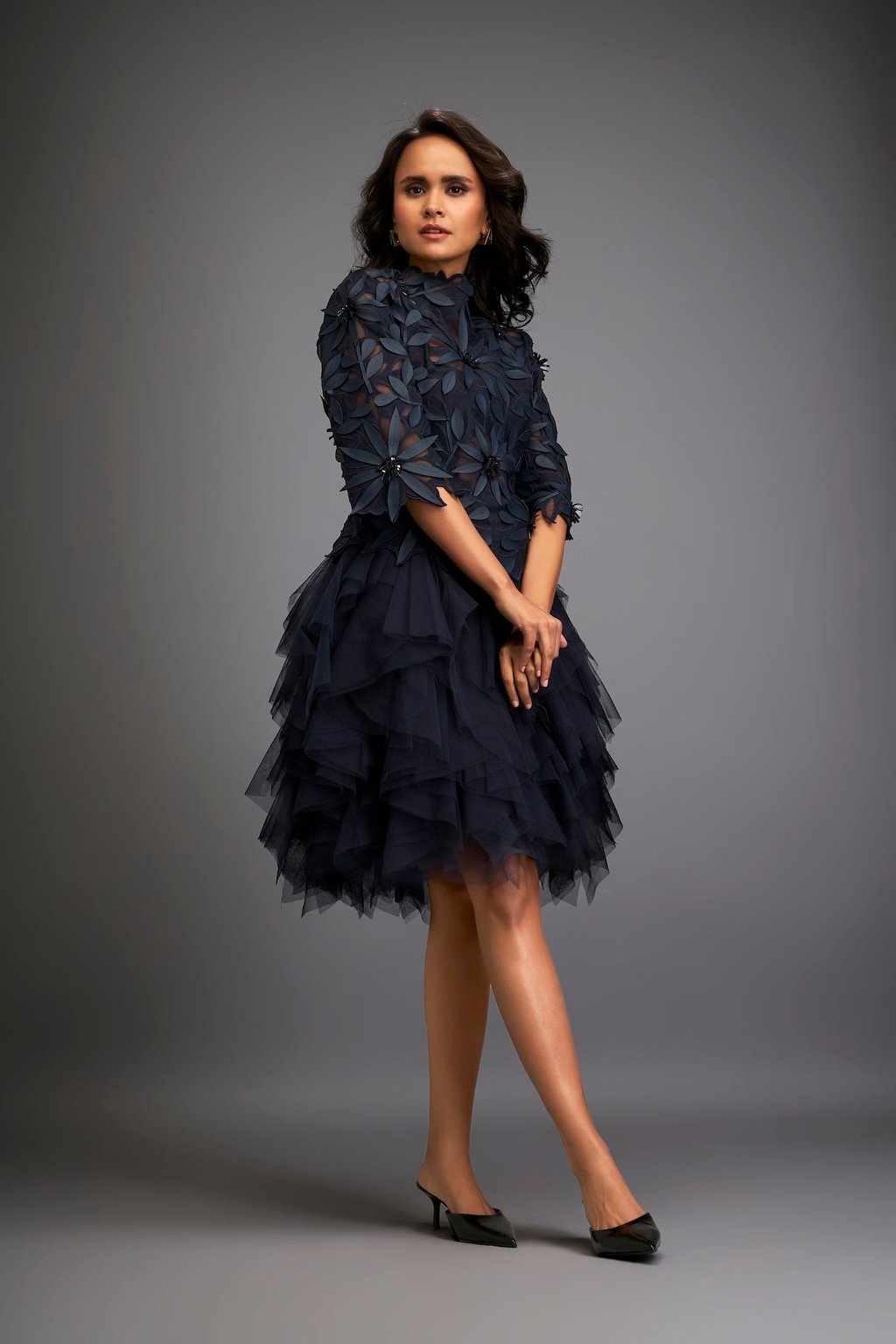 High-Neck Floral Applique Dress