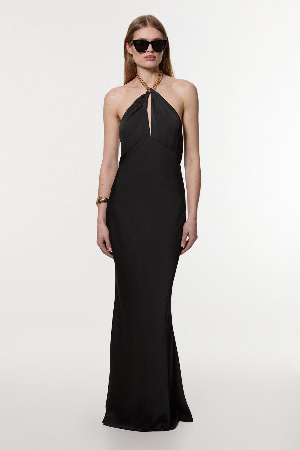 Satin Back Crepe Chain Detail Bias Midi Dress