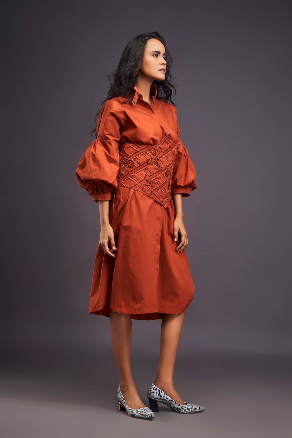 Shirt Dress with Applique Corset Style Tie up Belt