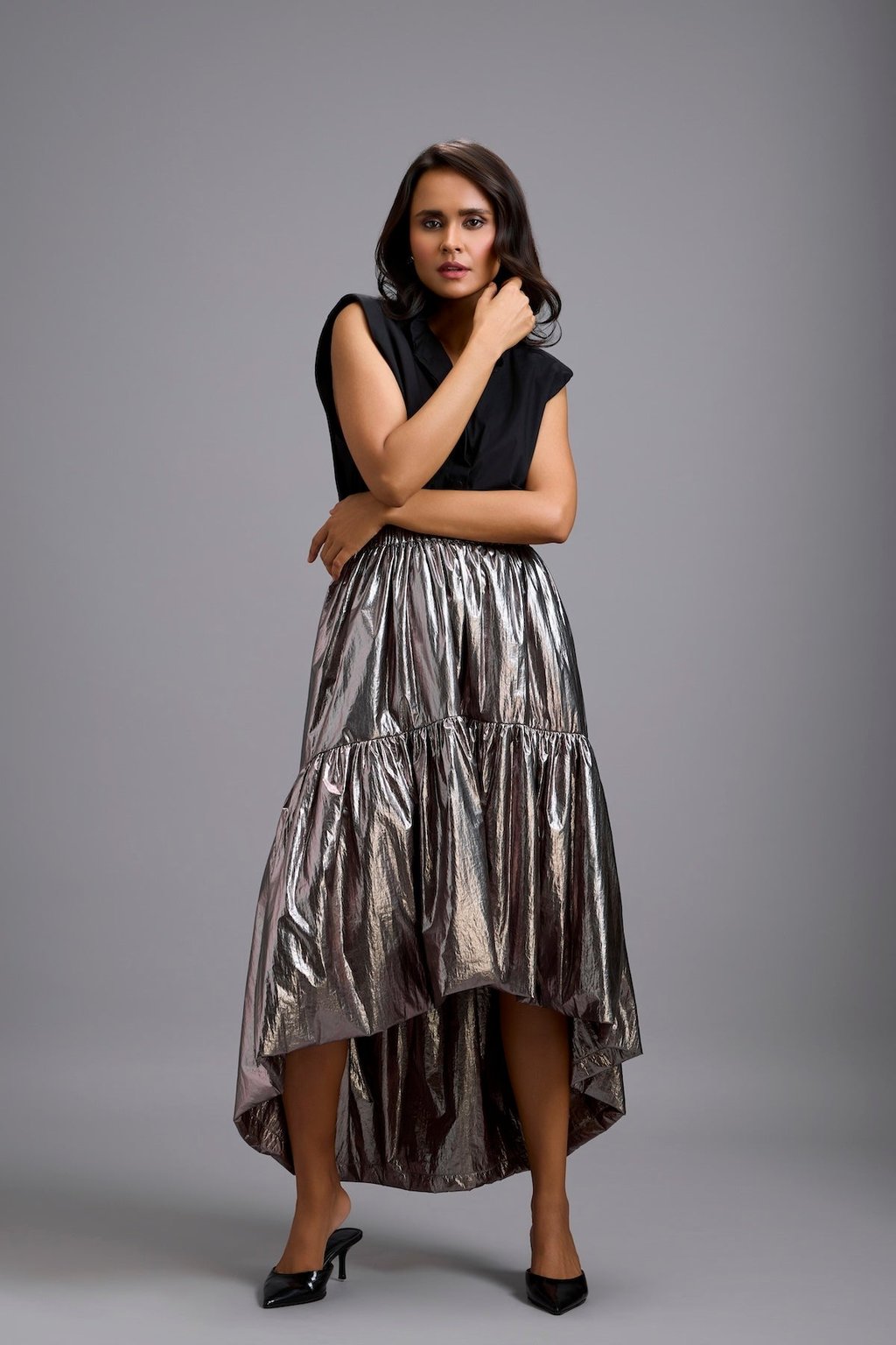 Metallic Gunmetal High-Low Skirt