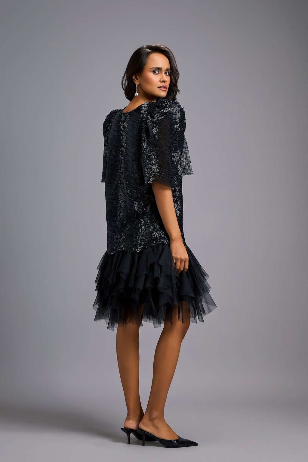 Black Shimmer Dress with Puff Sleeves & Tulle Hem
