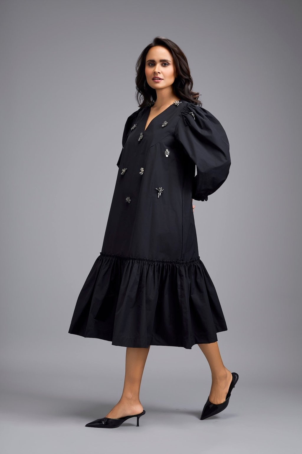 Long Gathered Hem Embellished Dress