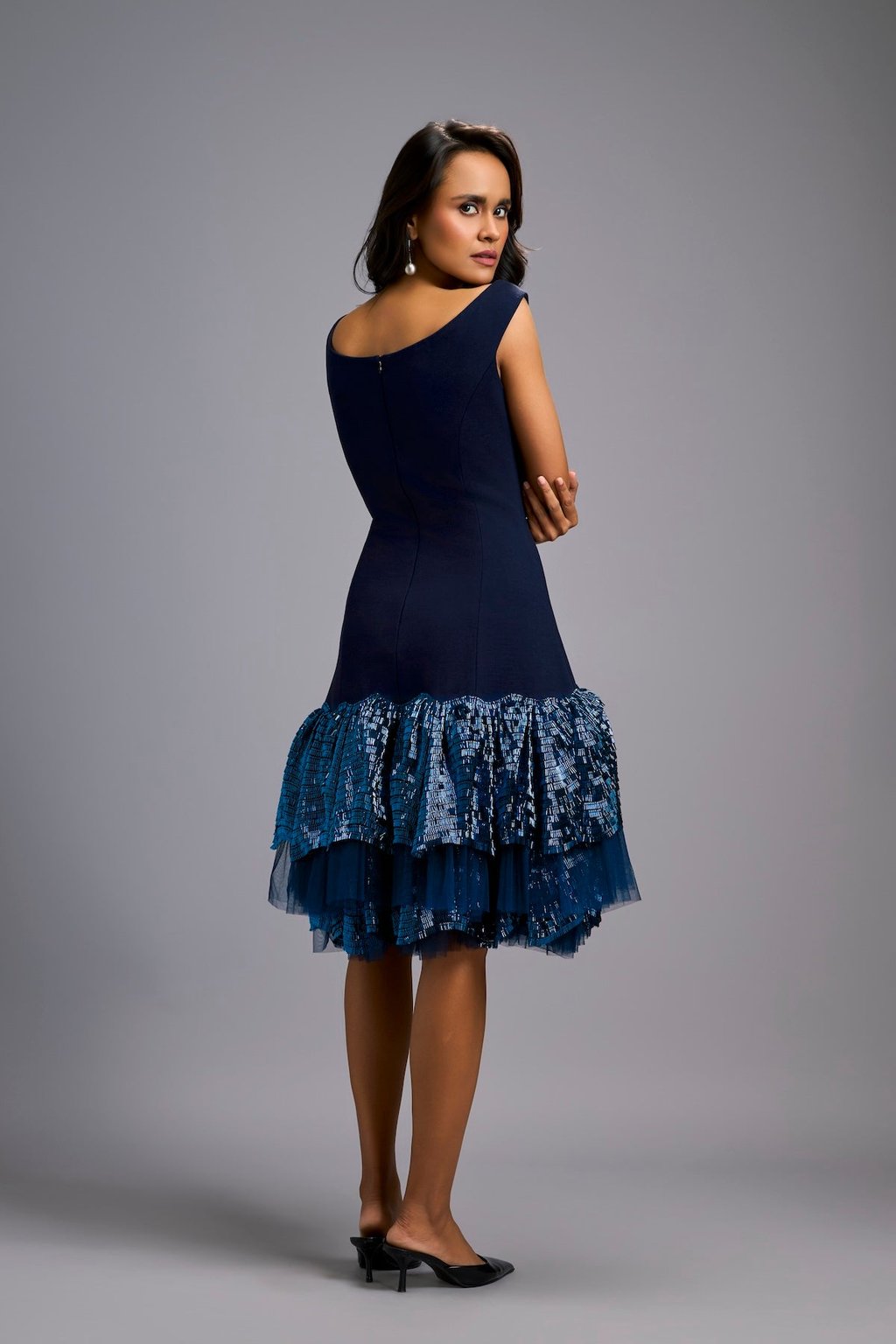 Off-Shoulder Navy Blue Dress with Shimmer Ruffles