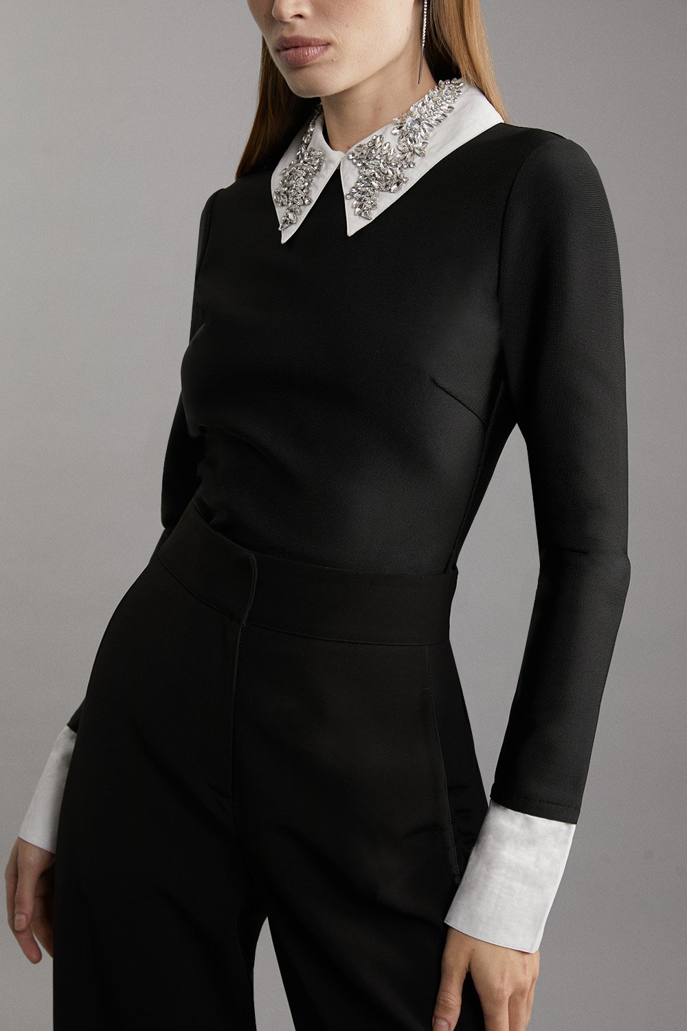 Figure Form Bandage Embellished Collar Knit Top