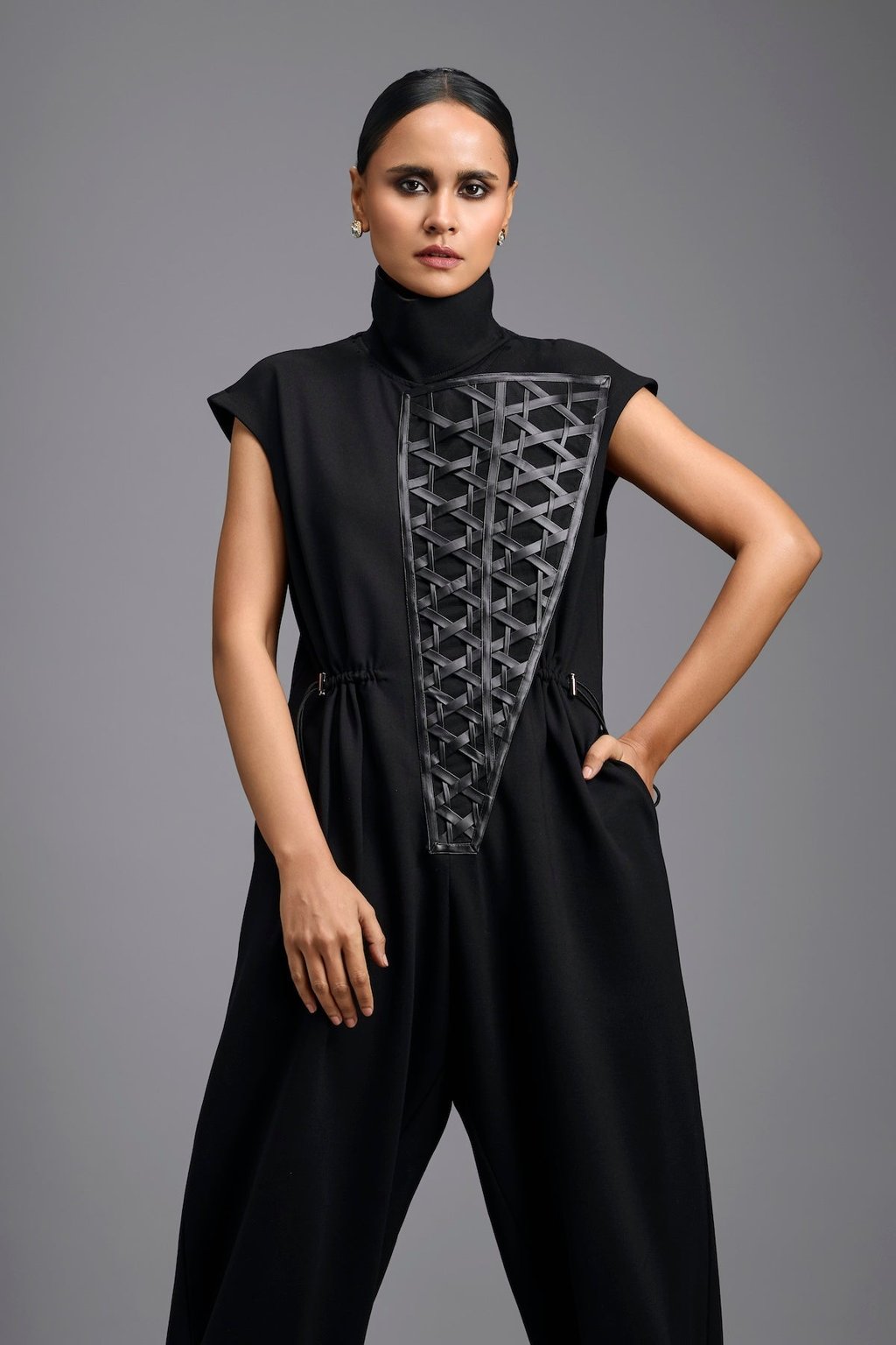 Jumpsuit with Woven Leather Panel