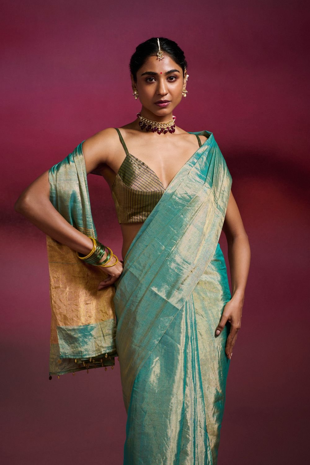 Sky Blue Handwoven Tissue Saree on Gold Base