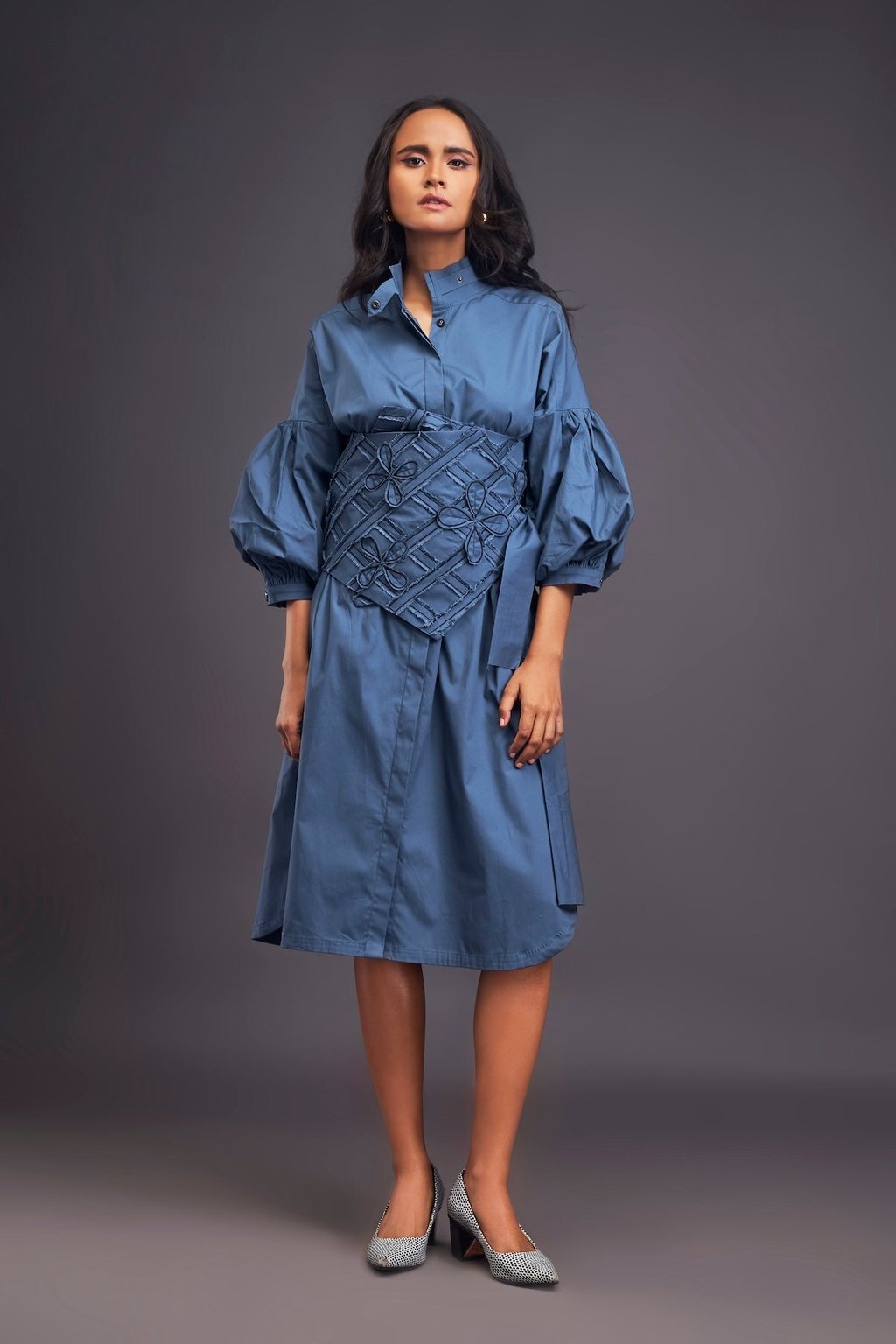 Shirt Dress with Applique Corset Style Tie up Belt