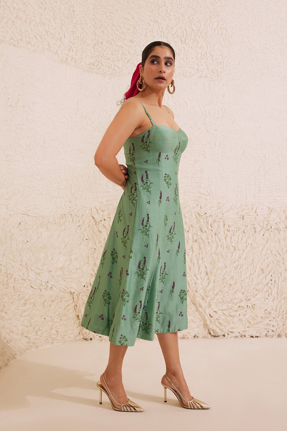 Teal Chanderi Hand Block Floral Dress