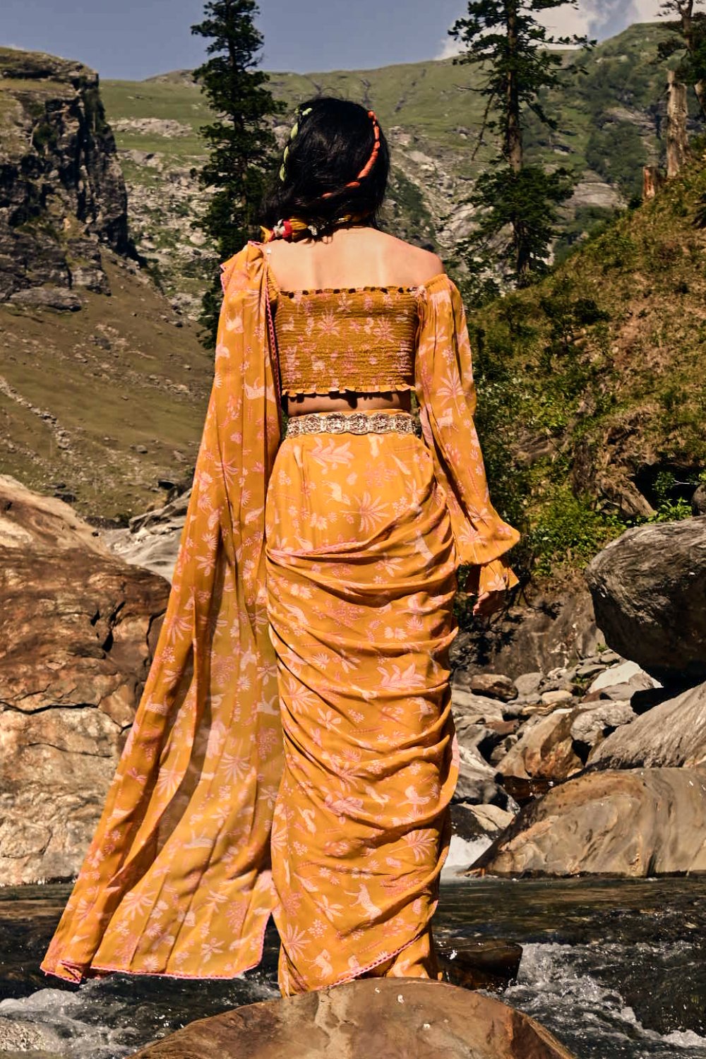 Yellow Jungle Print Pre Draped Saree