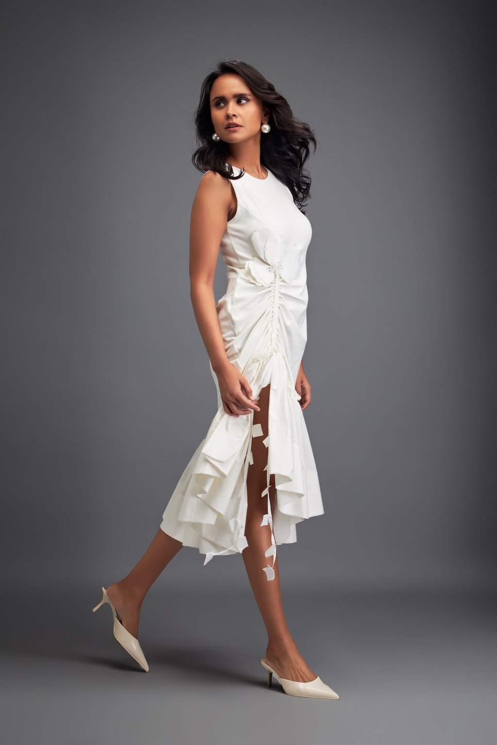 Dress with Ruched Floral Embellishments