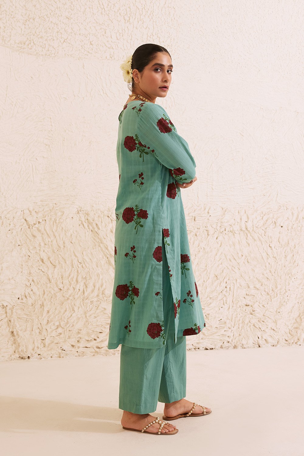 Teal Cotton Hand Block Floral Print Kurta Set