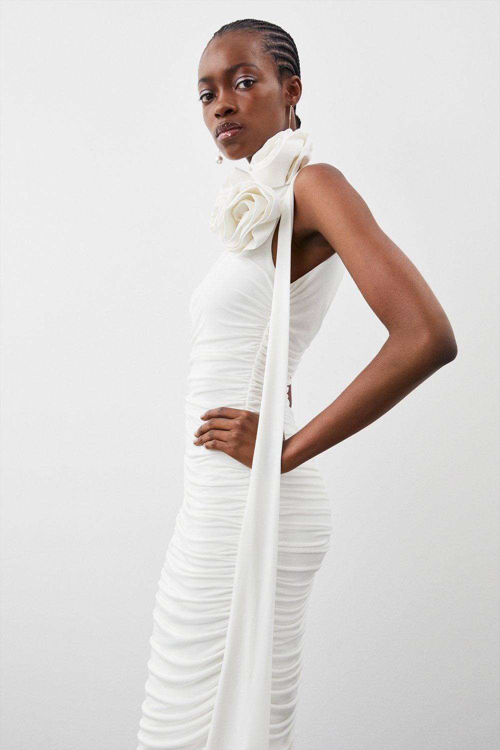Drapey Ruched Jersey Rosette Midi Dress