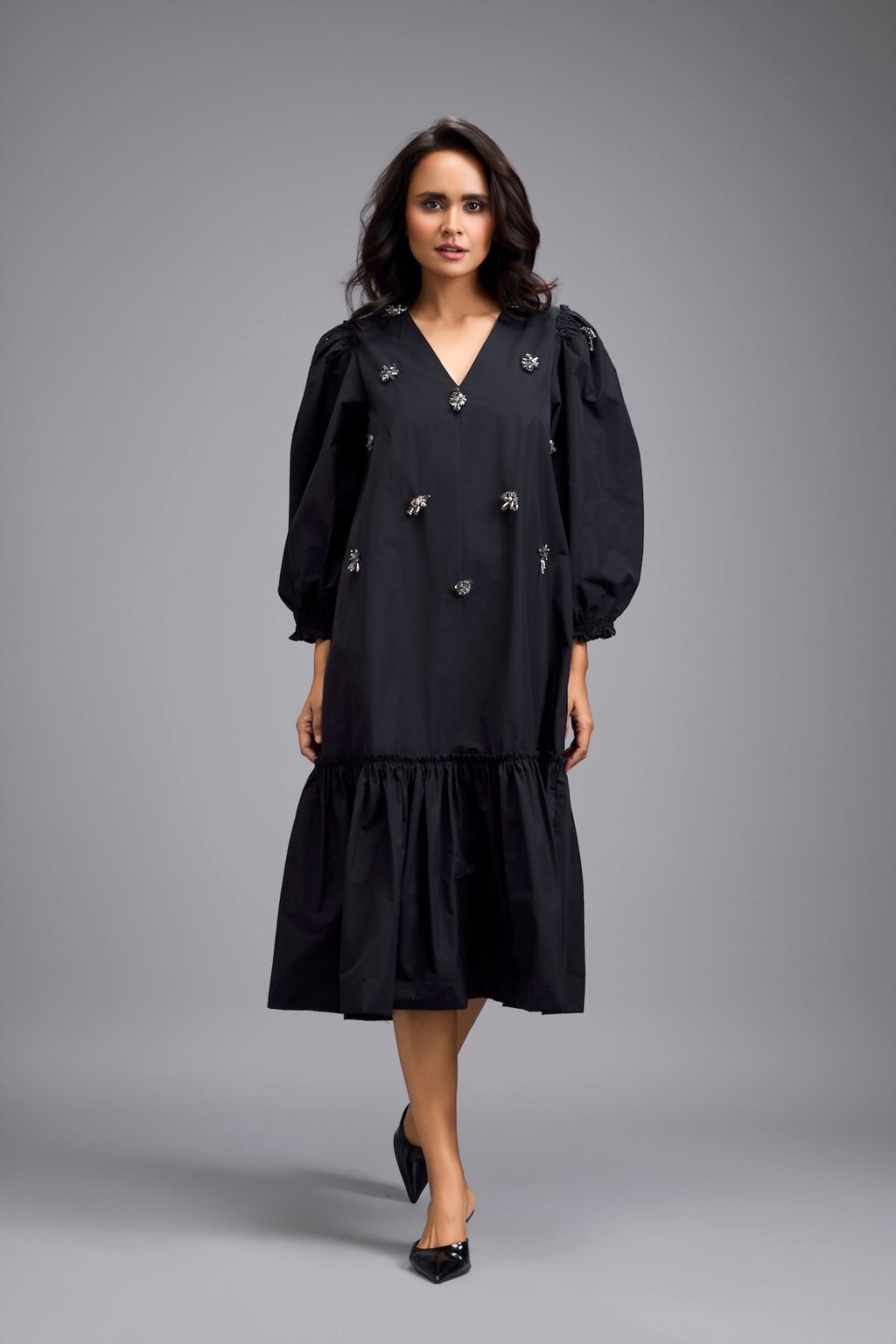 Long Gathered Hem Embellished Dress