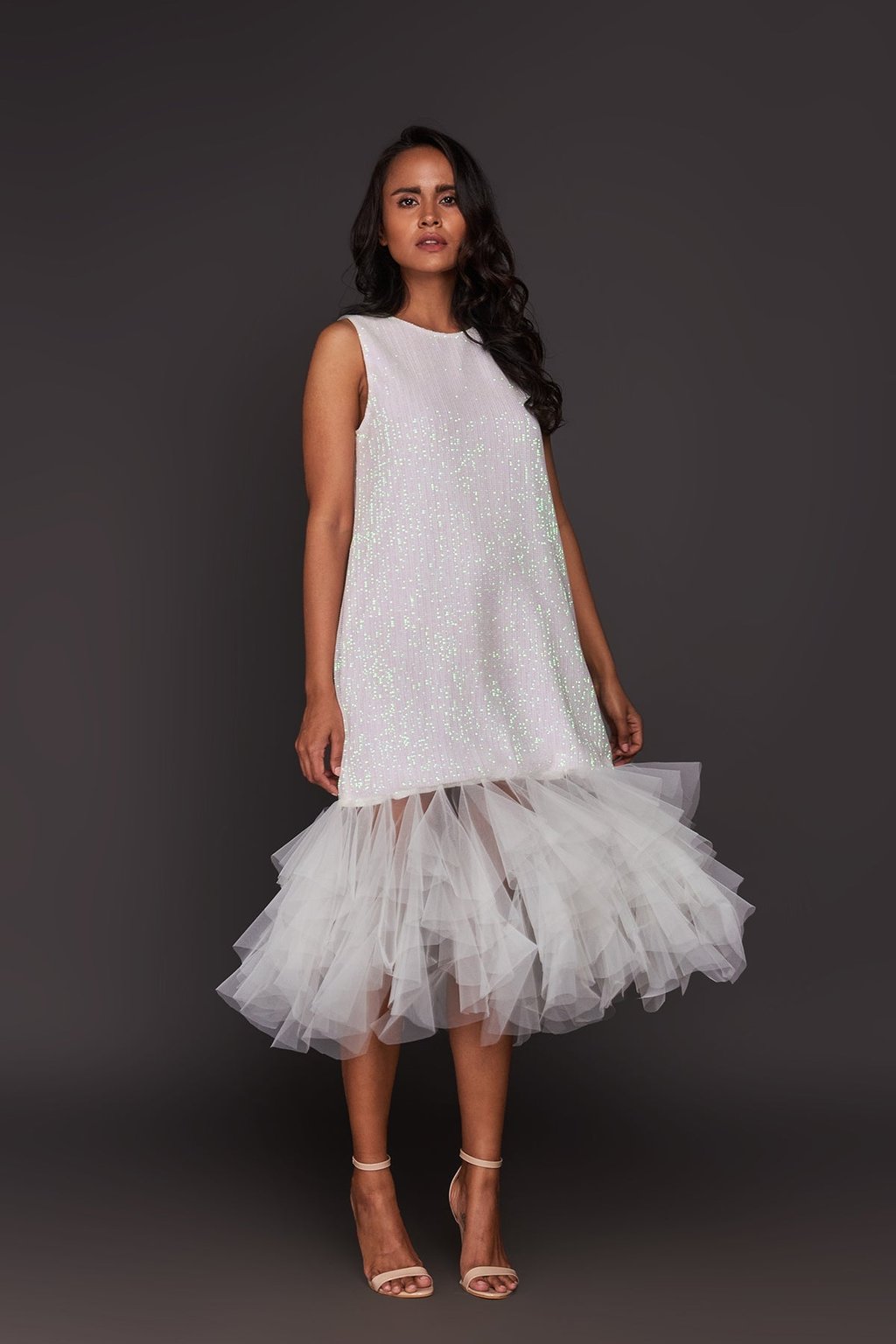 Sequin Shift Dress with Net Ruffled Bottom