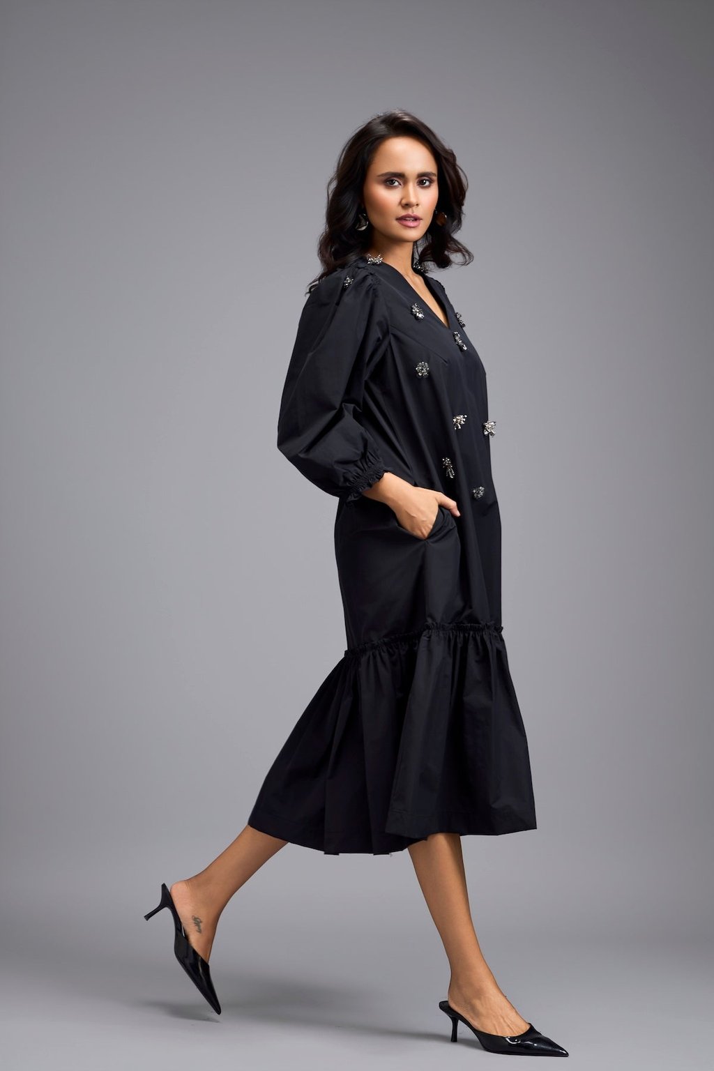 Long Gathered Hem Embellished Dress