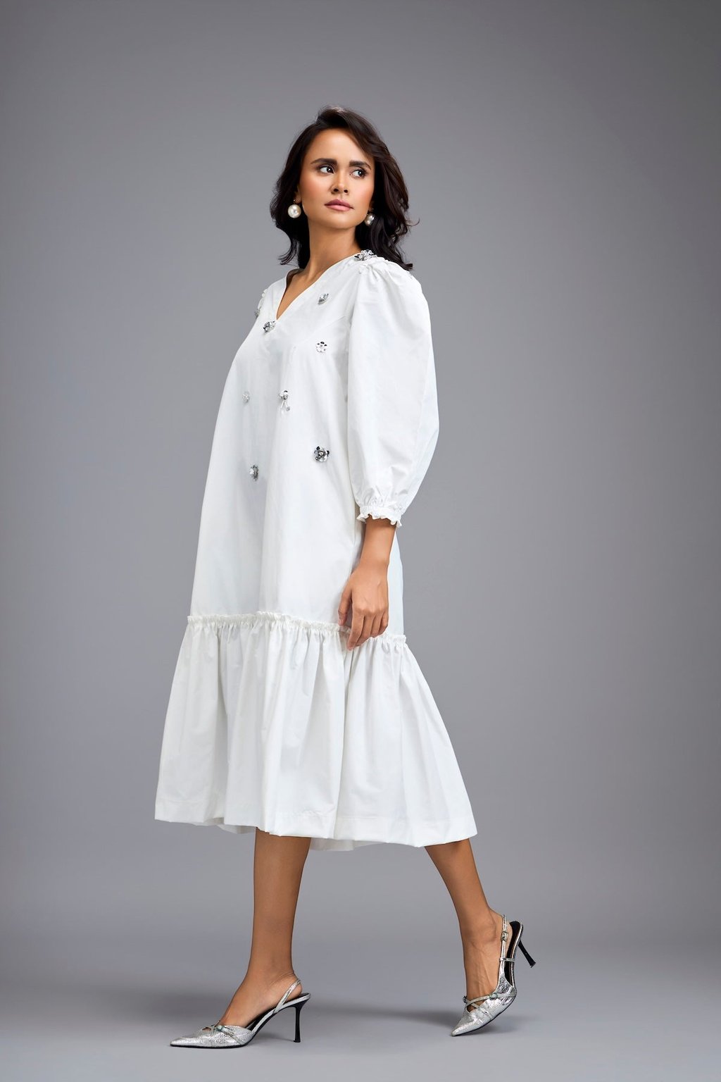 Long Gathered Hem Embellished Dress