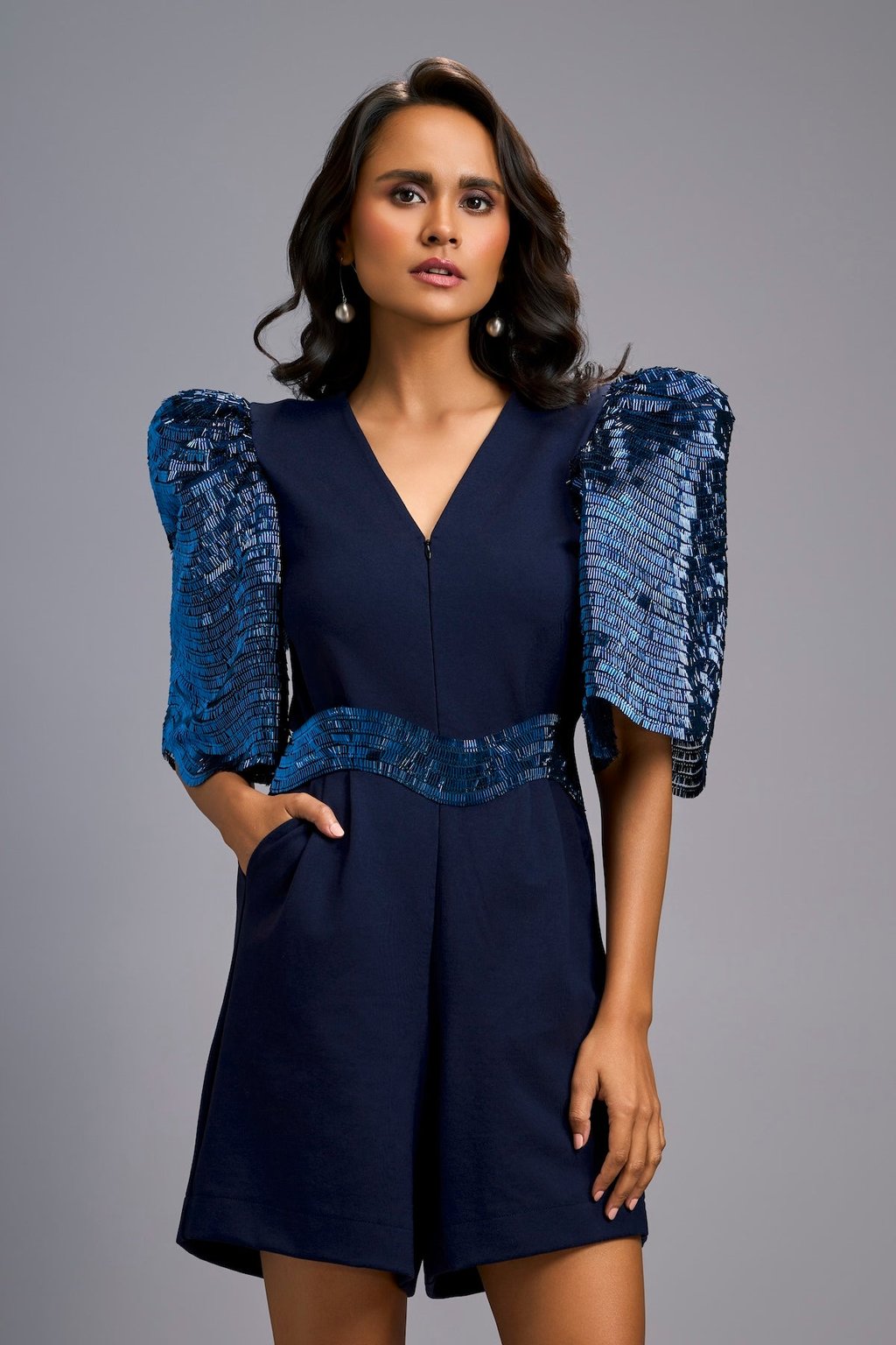Navy Blue V-Neck Playsuit with Shimmer Belt