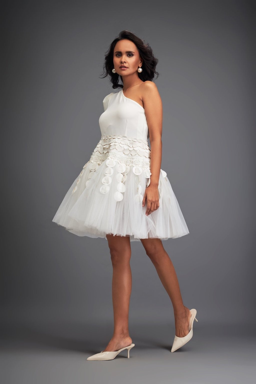 One-Shoulder Tulle Dress with 3d Embellishments