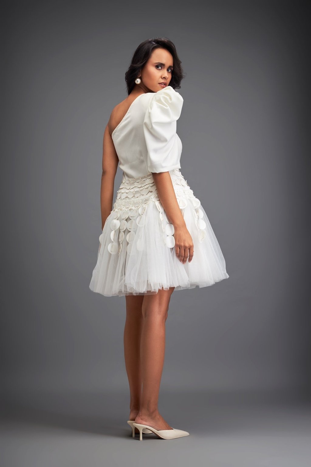 One-Shoulder Tulle Dress with 3d Embellishments
