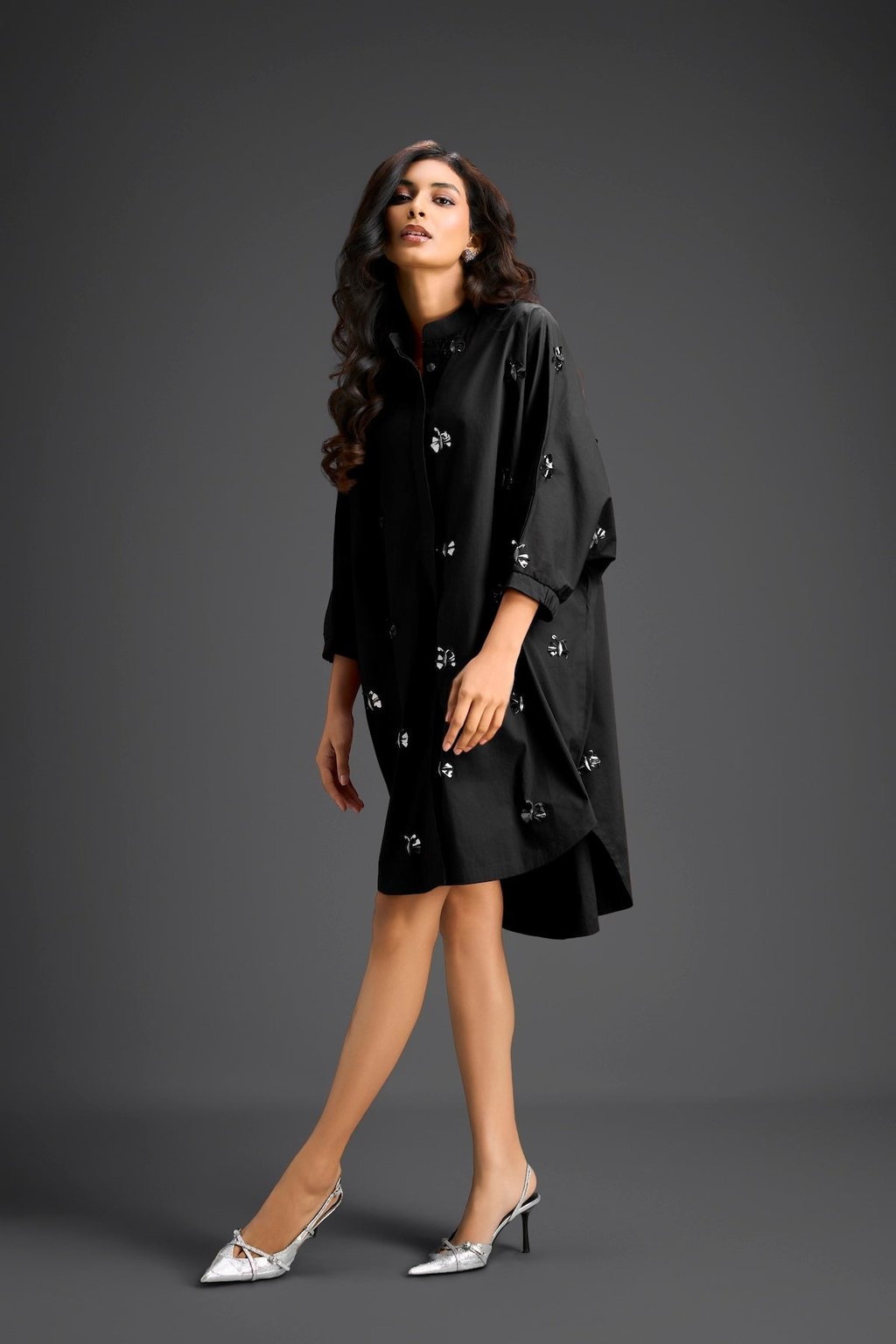 Balck Oversized Shirt Dress with Butterfly Motifs