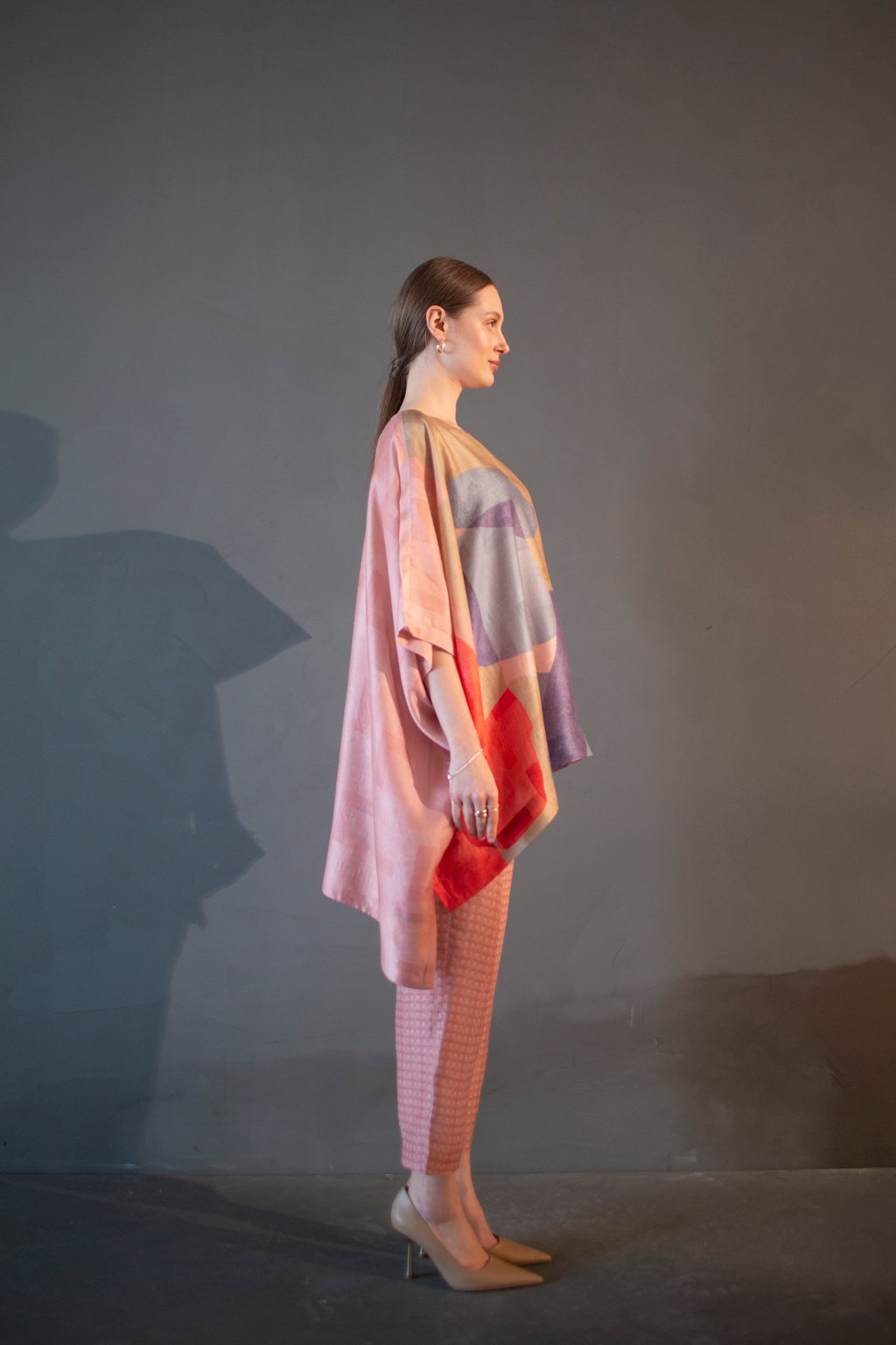 Peach & Blue One Side Kaftan Sleeve Set