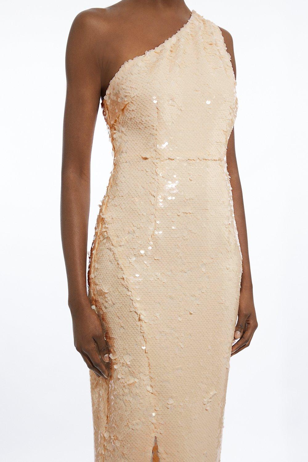Layered Sequin One Shoulder Woven Split Midi Dress