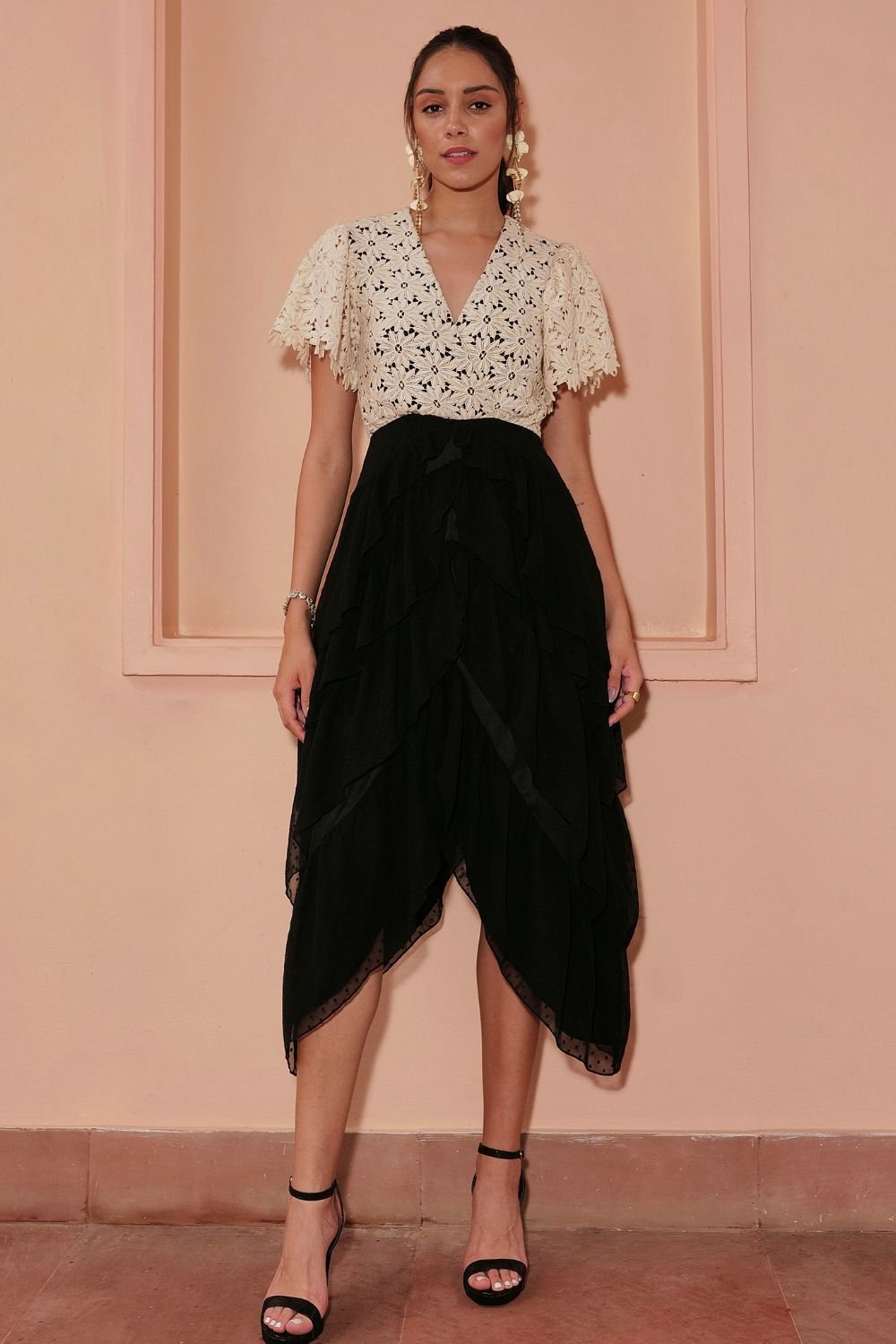 Monochrome Guipore Ruffled Dress
