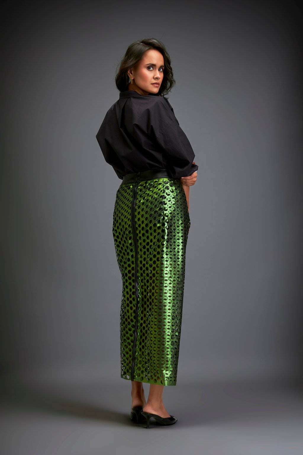 Metallic Skirt with Geometric Cutout Detailing