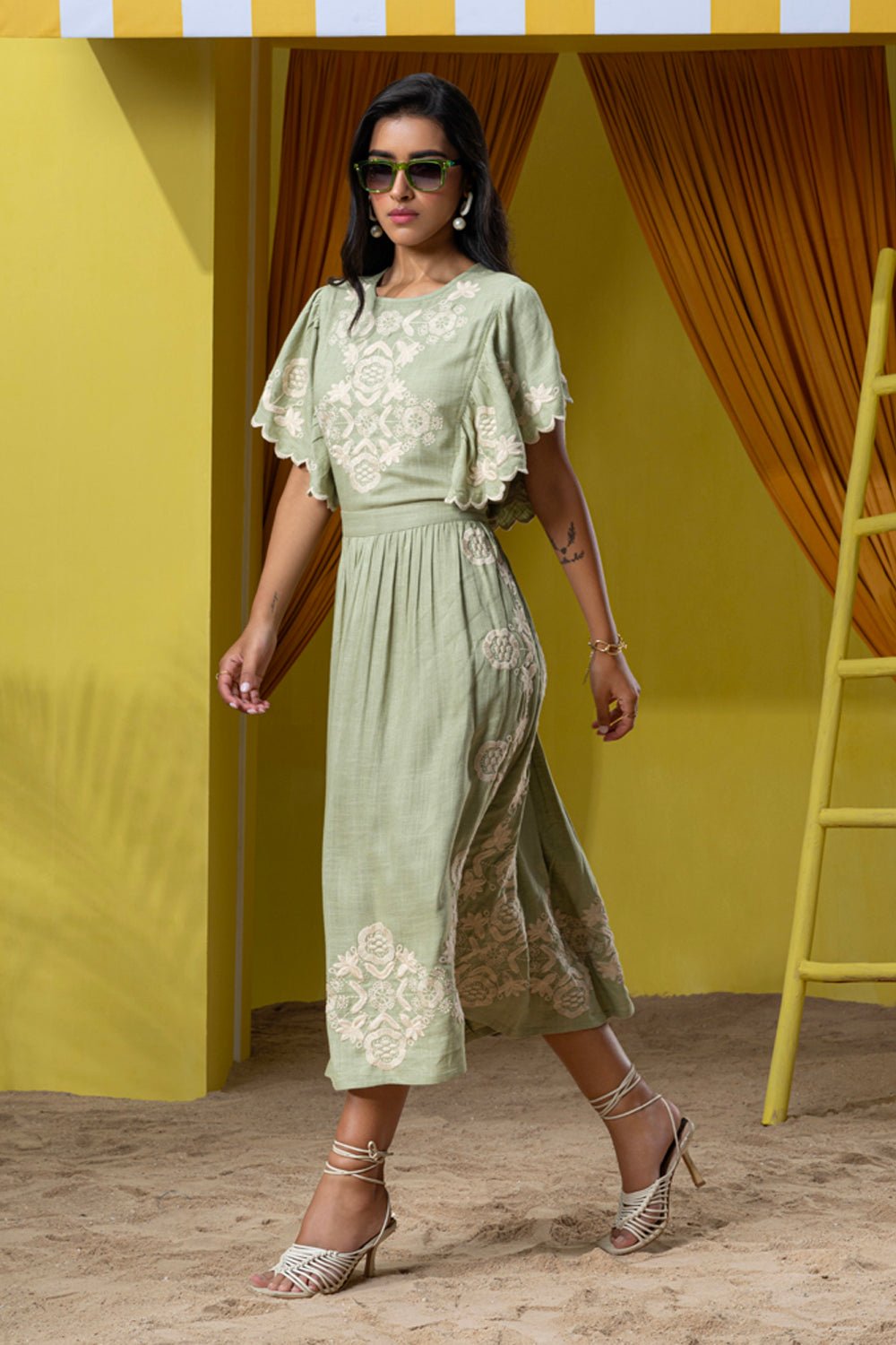 Flutter Sleeved All Over Embroidered Midi Dress